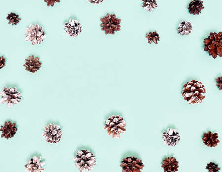 Christmas background. Top view of Christmas decorations. Flat lay of creative design on blue background. Copy space for text.の写真素材