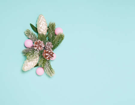 Christmas background. Top view of Christmas decorations. Flat lay of creative design on blue background. Copy space for text.の写真素材