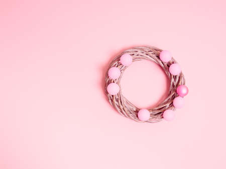 Top view of Christmas composition on pastel pink background. Holiday greeting card with copy space to text.の写真素材