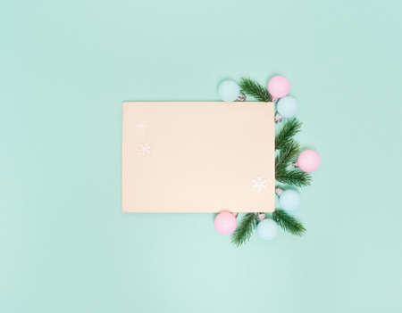 Christmas background. Top view of Christmas decorations. Flat lay of creative design on blue background. Copy space for text.の写真素材