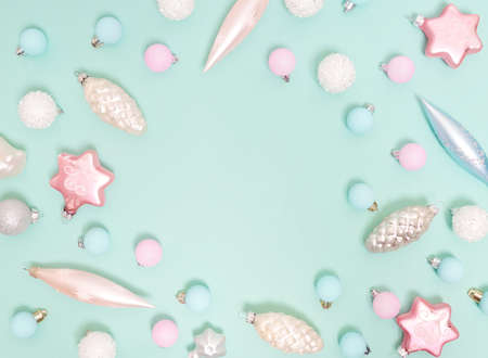 Christmas pattern. New Year decorations on blue background. Christmas decorations. Flat lay, top view.の写真素材