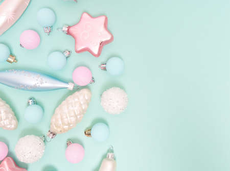 Christmas pattern. New Year decorations on blue background. Christmas decorations. Flat lay, top view.の写真素材