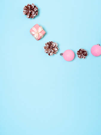 Christmas background. Top view of Christmas decorations. Flat lay of creative design on blue background. Copy space for text.の写真素材