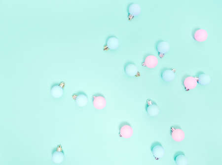Christmas pattern. New Year decorations on blue background. Christmas decorations. Flat lay, top view.の写真素材