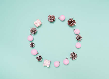 Christmas background. Top view of Christmas decorations. Flat lay of creative design on blue background. Copy space for text.の写真素材