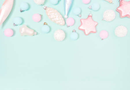 Christmas background. Top view of Christmas decorations. Flat lay of creative design on blue background. Copy space for text.の写真素材