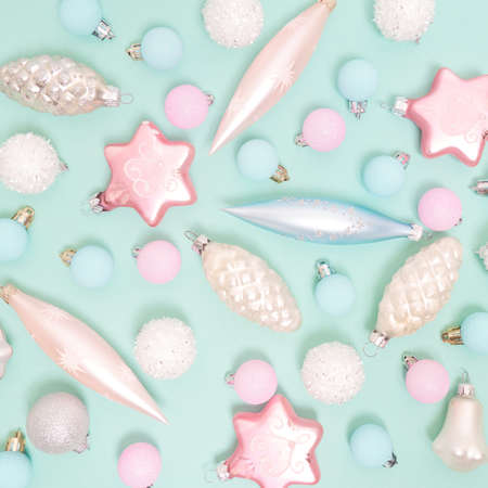Christmas pattern. New Year decorations on blue background. Christmas decorations. Flat lay, top view.の写真素材