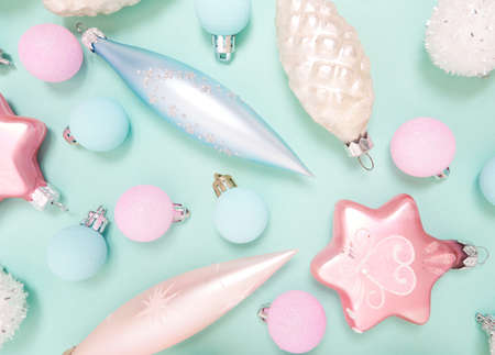 Christmas pattern. New Year decorations on blue background. Christmas decorations. Flat lay, top view.の写真素材