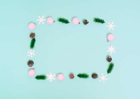 Christmas background. Top view of Christmas decorations. Flat lay of creative design on blue background. Copy space for text.の写真素材