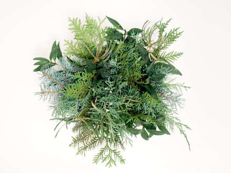 Top view of Christmas composition on white background. Holiday greeting card.の写真素材