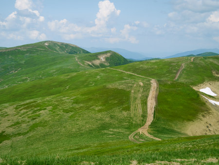 Panoramic view of mountains. Scenic mountain landscape.  Carpathian, Ukraine.の写真素材