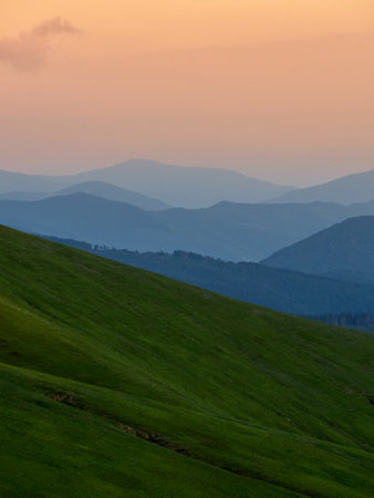 Panoramic view of mountains. Scenic mountain landscape.  Carpathian, Ukraine.の写真素材