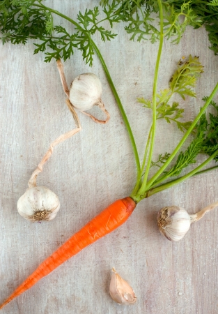 unpeeled vegetable - carrot and garlicの写真素材
