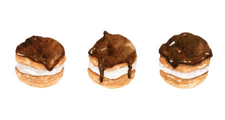 Profiteroles with chocolate and custard isolated on white