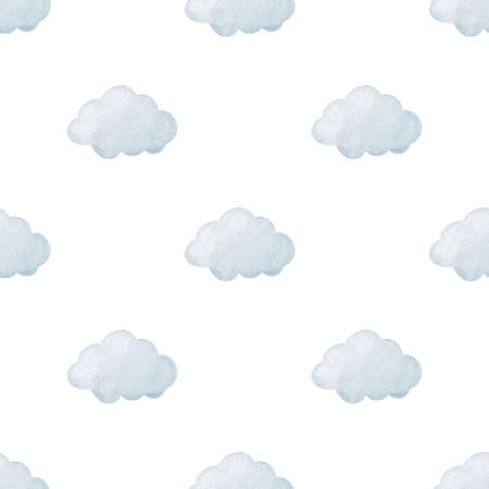 Cute minimalist seamless pattern with blue clouds. Watercolor hand-drawn illustration. Perfect for textile, fabrics, wrapping paper, linens, invitations, cards, prints, nursery decor, covers.の写真素材