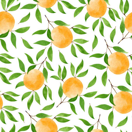 Botanical seamless pattern with branches of ripe oranges and green leaves. Watercolor hand-drawn...