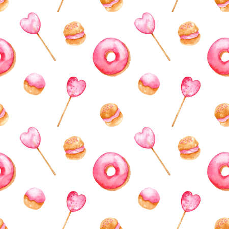 Bright seamless pattern with pink donuts, lollipops, profiteroles. Watercolor hand-drawn illustration. Perfect for textile, fabrics, wrapping paper, linens, invitations and cards.の写真素材