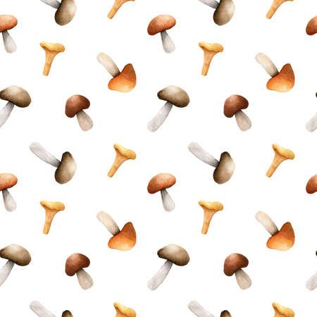 Autumn seamless pattern with forest mushrooms on white background. Watercolor hand-drawn illustration. Perfect for textile, fabrics, wrapping paper, linens, invitations, cards, covers and decor.の写真素材