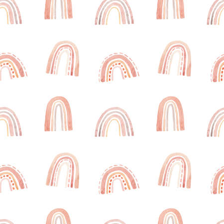 Cute seamless pattern with pink simple rainbows. Watercolor hand-drawn illustration. Perfect for textile, fabrics, wrapping paper, linens, invitations, cards, prints, nursery decor, covers.の写真素材