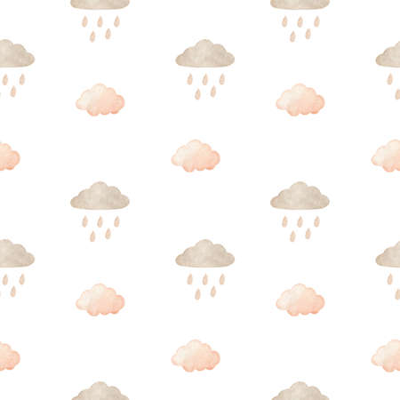 Cute seamless pattern with pink clouds and raindrops. Watercolor hand-drawn illustration. Perfect for textile, fabrics, wrapping paper, linens, invitations, cards, prints, nursery decor, covers.の写真素材
