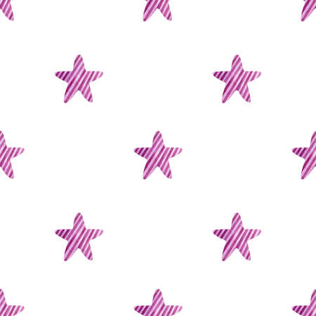 Simple seamless pattern with striped lilac stars on white background. Watercolor hand-drawn illustration. Perfect for textile, fabrics, wrapping paper, linens, invitations, cards, covers and decor.の写真素材