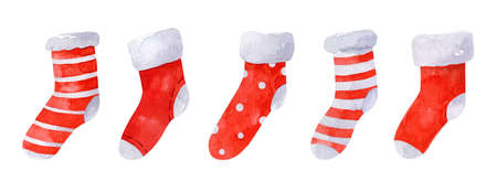 Watercolor set of Ð¡hristmas red socks with various cute designs. Hand-drawn illustration. Winter...