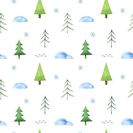 Winter seamless pattern with stylized Christmas trees, snowdrifts, snowflakes and cute bird tracks....
