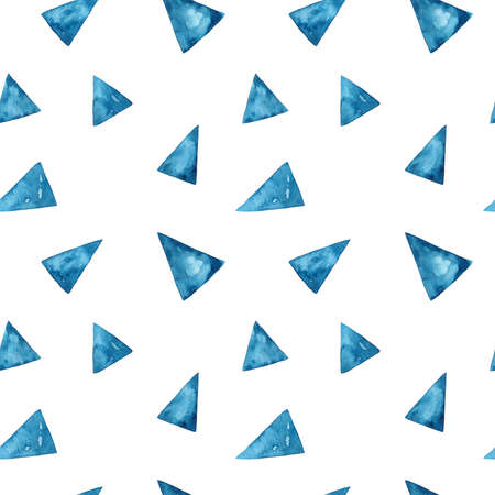 Abstract seamless pattern with watercolor triangles in blue colors. Winter cold shades. Hand-drawn illustration. Perfect for textile, fabrics, wrapping paper, linens, cards, prints, decor, covers.の写真素材
