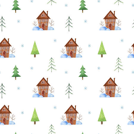 Winter seamless pattern with stylized Christmas trees, cute brown houses, snowdrifts and snowflakes. Watercolor hand-drawn illustration. Perfect for textile, fabrics, wrapping paper, linens, decorationの写真素材