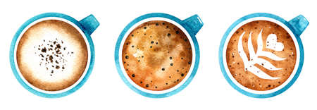 Set of blue cups with aromatic fresh coffee. Latte with chocolate powder, americano and cappuccino....