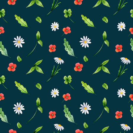 Watercolor seamless pattern with hand-drawn wildflowers and leaves. Chamomiles, poppies, clover on dark background. Perfect for textile, fabrics, wrapping paper, wallpaper, linens and cards.の写真素材