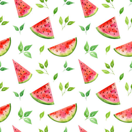 Watercolor seamless pattern with hand-drawn watermelon slices and green leaves on white background....