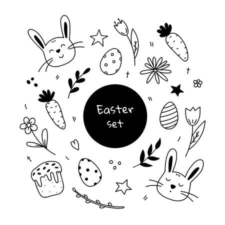 Set of Easter design elements. Cute faces of rabbits, festive Easter eggs, Easter cake, spring twigs, flowers and carrots. Vector hand-drawn illustration in doodle style. Perfect for cards, stickersのイラスト素材