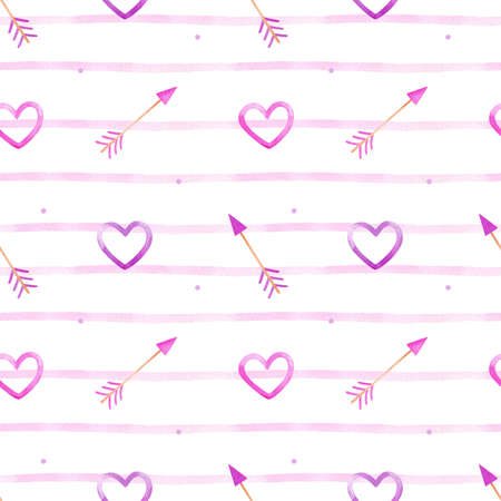 Valentine's day striped pattern with hearts and cupid arrows in pink and purple colors. Watercolor illustration. Festive romantic design. Perfect for wrapping paper, cards, textile, prints, decor.の写真素材