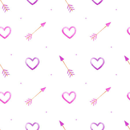 Valentine's day seamless pattern with hearts and cupid arrows in pink and purple colors. Watercolor illustration. Festive romantic design. Perfect for wrapping paper, cards, textile, prints, decor.の写真素材