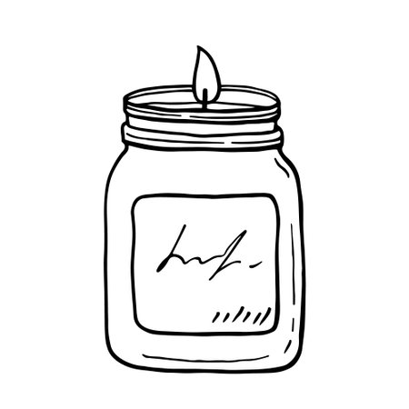 Burning aroma candle in a jar isolated on white background. Vector hand-drawn illustration in doodle style. Aromatherapy, relaxation design element. Suitable for cards, logo, decorations.のイラスト素材