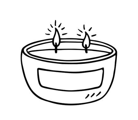 Burning aroma candle with two wicks isolated on white background. Vector hand-drawn illustration in doodle style. Aromatherapy, relaxation design element. Suitable for cards, logo, decorations.のイラスト素材