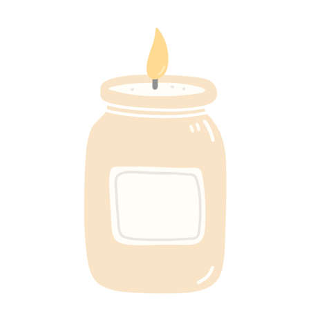 Burning aroma candle in a jar isolated on white background. Cute vector hand-drawn illustration in cartoon style. Aromatherapy, relaxation design element. Suitable for cards, logo, decorations.のイラスト素材