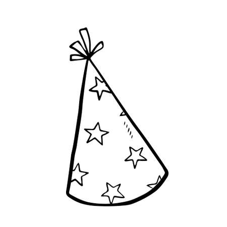 Festive party hat decorated with stars isolated on white background. Vector hand-drawn illustration in doodle style. Perfect for cards, logo, invitations, decorations, birthday designs.のイラスト素材