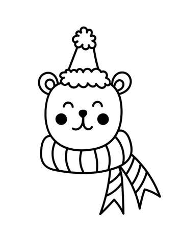 Cute smiling bear in a hat with a pompom and a scarf isolated on white background. Vector hand-drawn illustration in doodle style. Perfect for cards, decorations, holiday designs.のイラスト素材