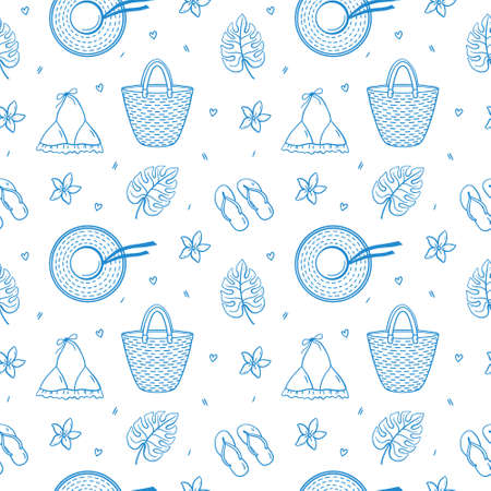 Seamless pattern with summer holiday elements - beach straw bag and hat, flip flops, womens...