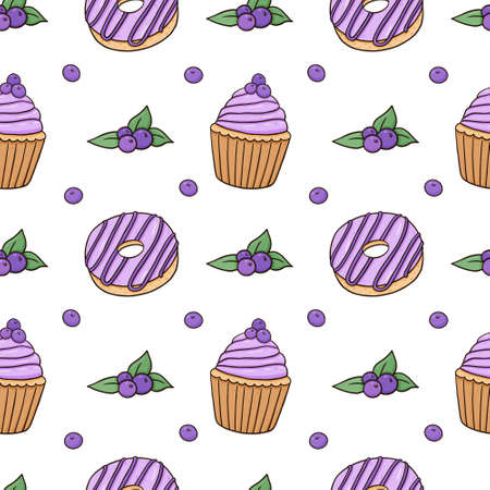 Seamless pattern with glazed donuts and cupcakes with blueberries on white background. Vector background in colored doodle style. Perfect for menu, wrapping paper, packaging designs, decorations.のイラスト素材