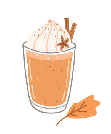Autumn coffee drink - pumpkin spice latte with whipped cream and cinnamon. Vector hand-drawn illustration in cartoon flat style. Perfect for cards, invitations, decorations, menu, holiday designs.のイラスト素材