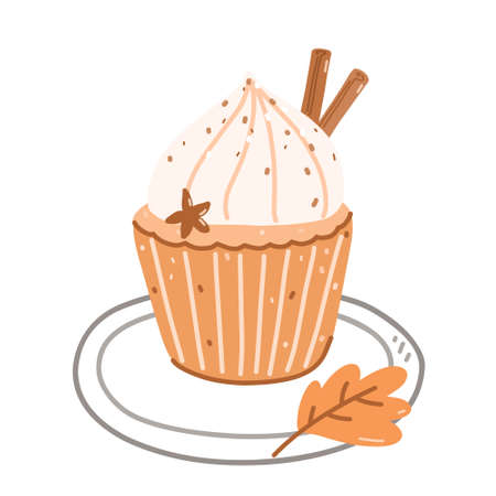 Pumpkin cupcake with cream cheese frosting decorated cinnamon and anise. Vector hand-drawn illustration in cartoon flat style. Perfect for cards, invitations, decorations, menu, holiday designs.のイラスト素材