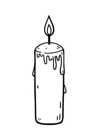Burning candle with dripping wax isolated on white background. Vector hand-drawn illustration in doodle style. Perfect for cards, logo, holiday designs, decorations.のイラスト素材