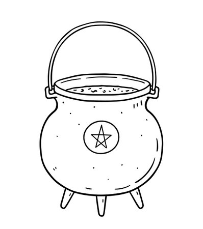 Witchs cauldron with magic potion isolated on white background. Symbol of witchcraft and wizardry. Hand-drawn vector illustration in doodle style. Perfect for Halloween designs, cards, logo.のイラスト素材