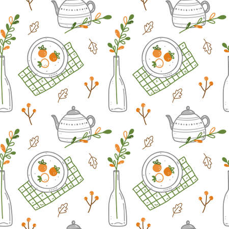 Seamless pattern with autumn elements - cute teapot and vase with twigs, plates with persimmon, leaves and berries. Vector illustration in doodle style. Perfect for holiday designs, wrapping paperのイラスト素材