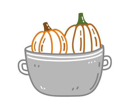 Two cute pumpkins in a pot isolated on white background. Vector hand-drawn illustration in doodle style. Perfect for cards, holiday designs, decorations, invitations.のイラスト素材
