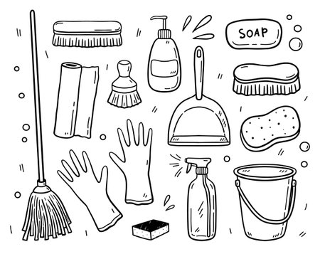 Doodle set of items for cleaning - mop, brushes, detergents, bucket, scoop, rubber gloves, soap, sponges, paper towels. Work equipment for keeping the house clean. Vector hand-drawn illustration.のイラスト素材