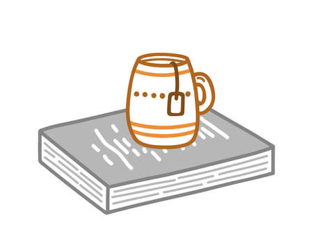 Cup with tea standing on a book isolated on white background. Cute vector hand-drawn illustration in doodle style. Perfect for cards, decorations.のイラスト素材